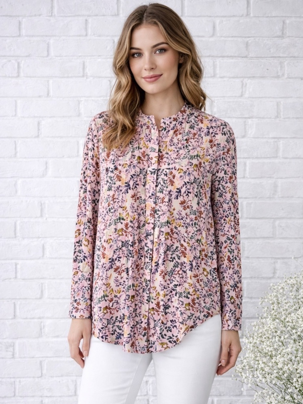 Sundance Floral Print Pintuck Long Sleeve Blouse Size S